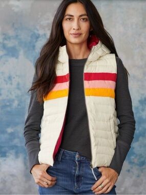 Sundance‎ Dandelion Hooded Puffer Vest Cream Rainbow Stripe Large Outdoor Chic